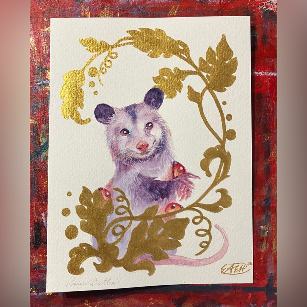 Original Art Opossum Watercolor Painting mixed media Gold Accents Whimsical EAE